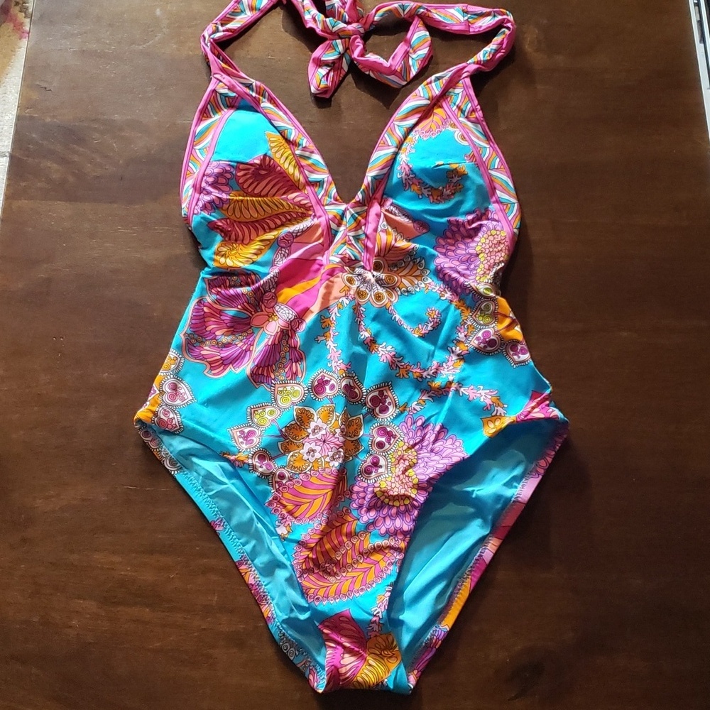 NWT Trina Turk Women's Meilani Border Halter Plunge One Piece Swimsuit - Picture 4 of 8